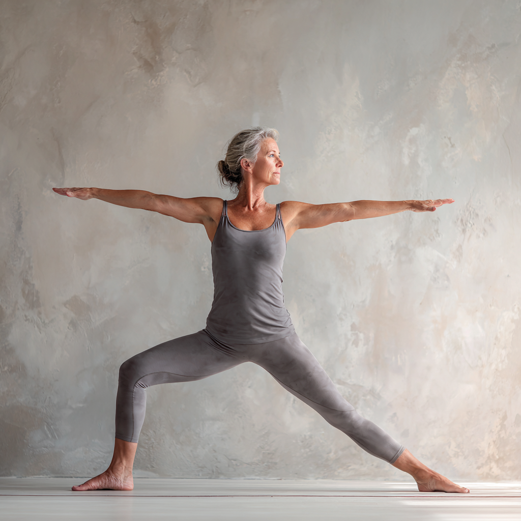Zrelá žena vykonávajúca balansovaciu jógu pózu